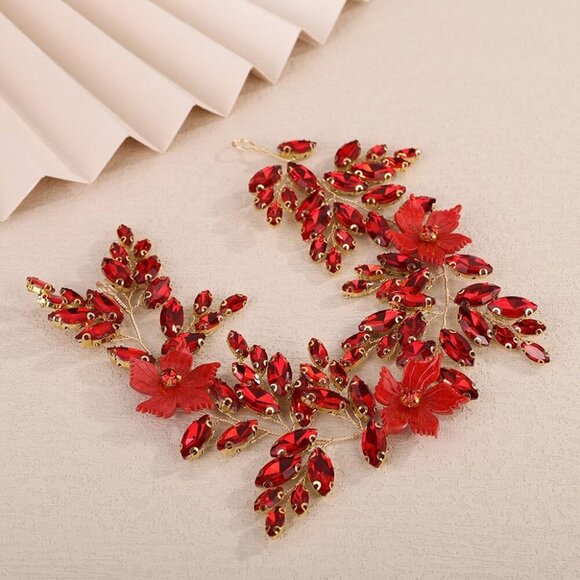 Acrylic Resin Red Flower Headband with Pearl for Wedding Bridesmaid Hair Piece